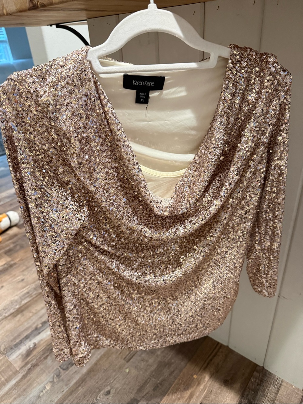 Karen Kane Rose Gold Sequin Cowl Neck Top